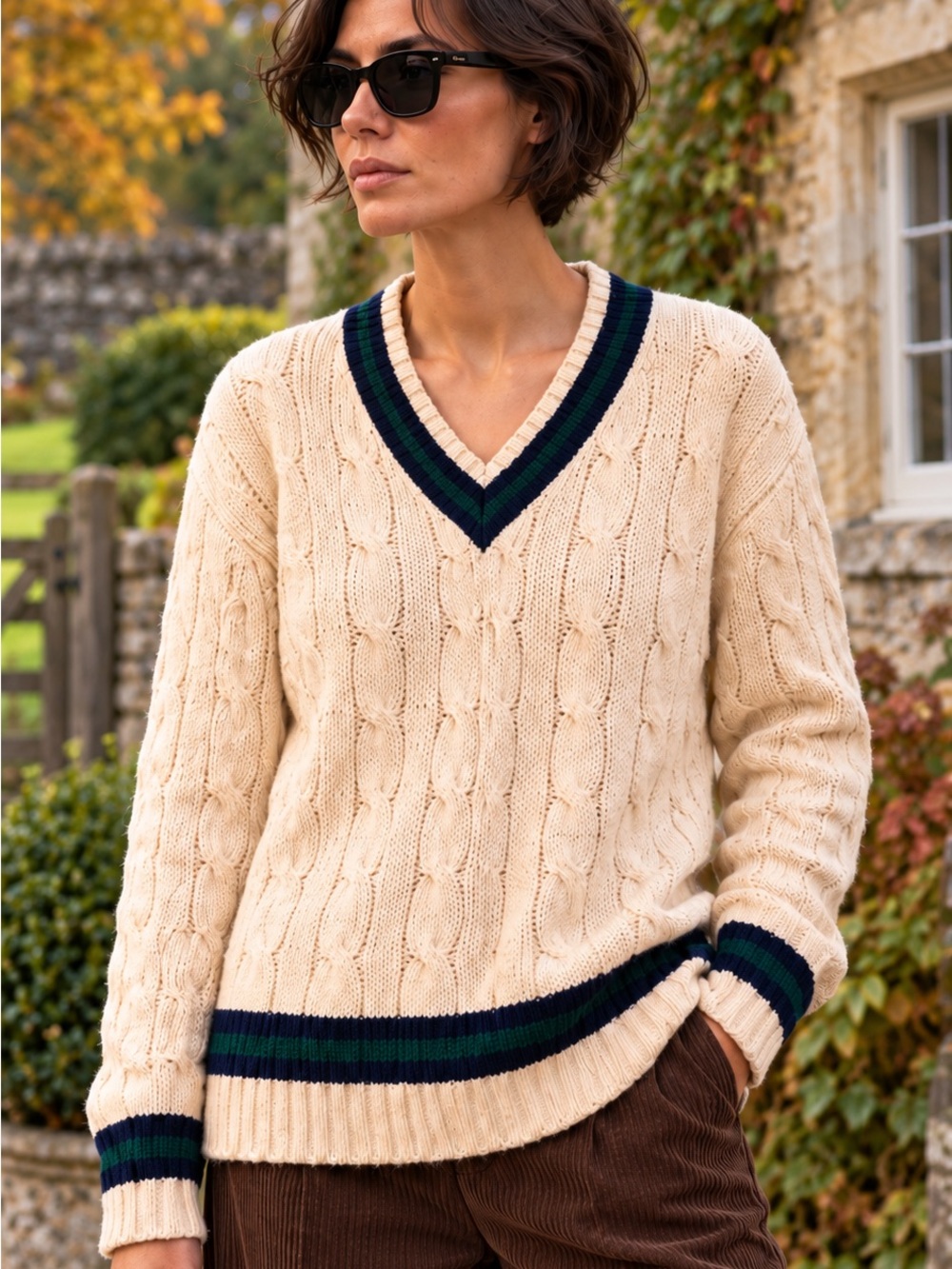 Vintage Gulf Traders Sweater L  Cable Knit V Neck Golf Tennis Cricket Preppy